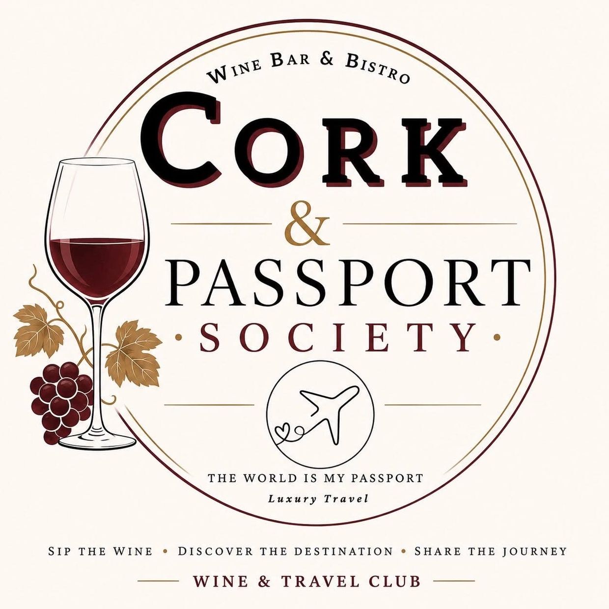 Logo for Cork & Passport Society wine and travel club.