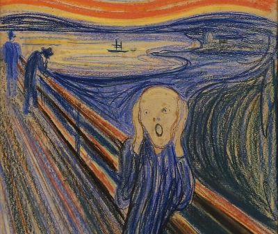 Expressionist painting of a figure screaming on a bridge.
