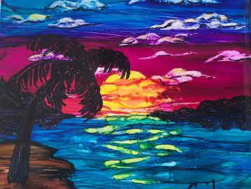 “Desert  Island” Alcohol Ink Painted Tile includes Stand