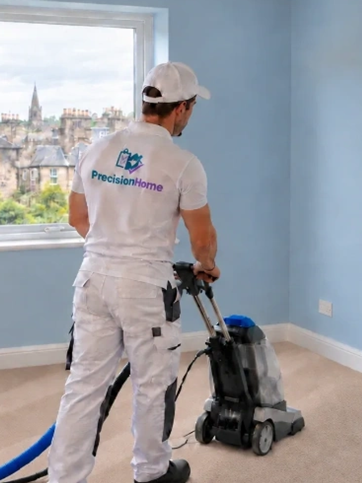 Man cleaning carpet with machine in a blue room.