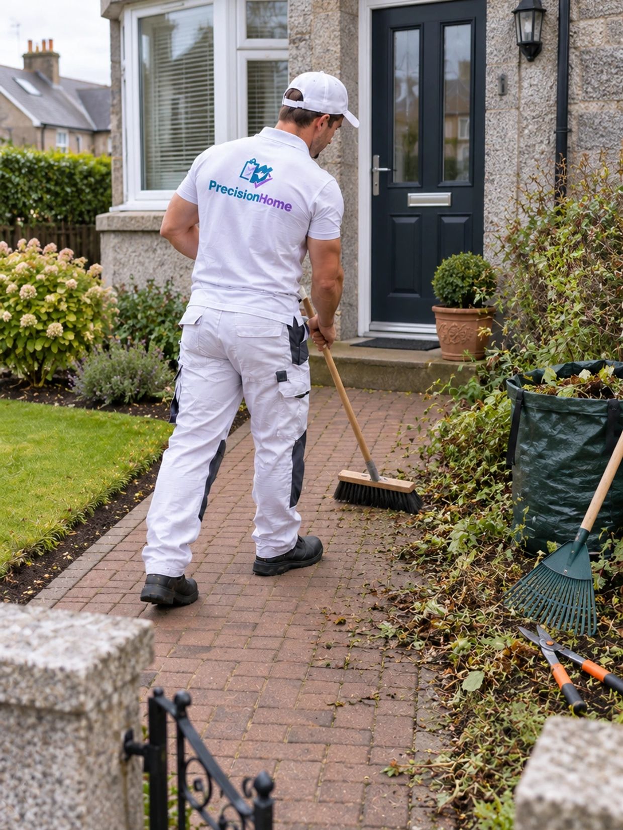 Man sweeping pathway outside a house.