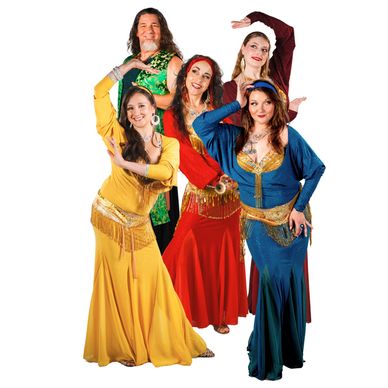 Group of five dancers in colorful traditional belly dance costumes.