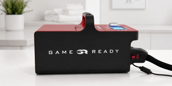 Game Ready cold compression device on a white countertop.
