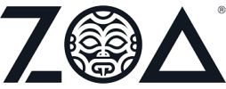 Logo featuring 'ZOA' with a tribal mask inside the letter 'O'.