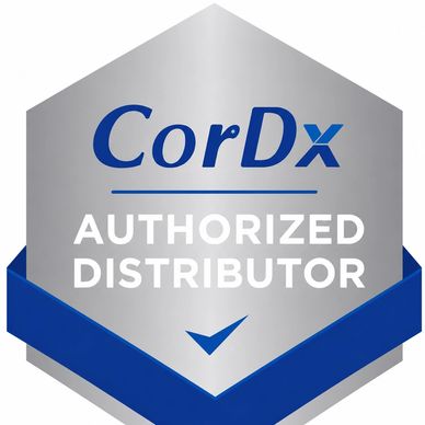 CorDx authorized distributor badge with blue and silver colors.