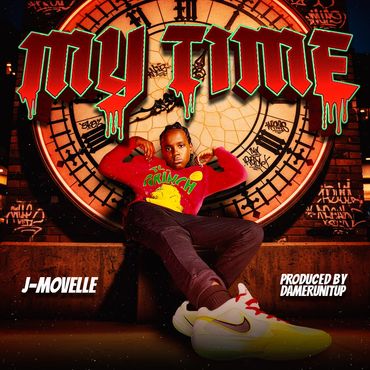 Artist J-Movelle poses confidently in front of a large clock with bold 'My Time' text above.