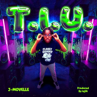 Young artist J-Movelle poses in a vibrant, neon-lit music studio for the single "T.I.U." cover.