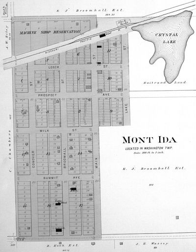 Platt map of Mont Ida showing railroad and Crystal Lake.