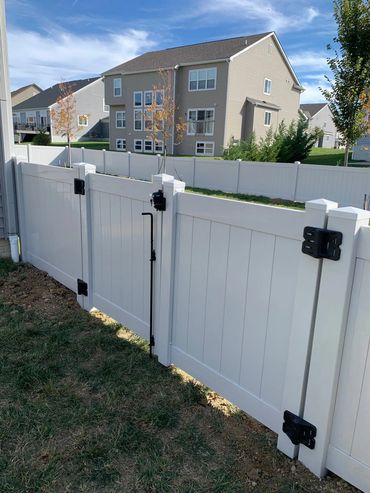 White vinyl fence gate with black hardware in a suburban backyard.