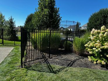 black metal fence enclosing a pool.