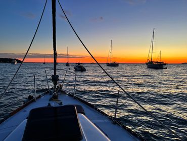 Looking out at the Vineyard Haven Harbor at a sunset