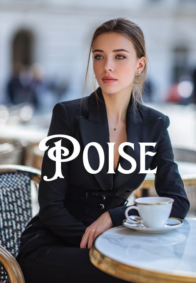 An elegant woman in a black suit sitting poised at a café table for the Poise fasting and formation