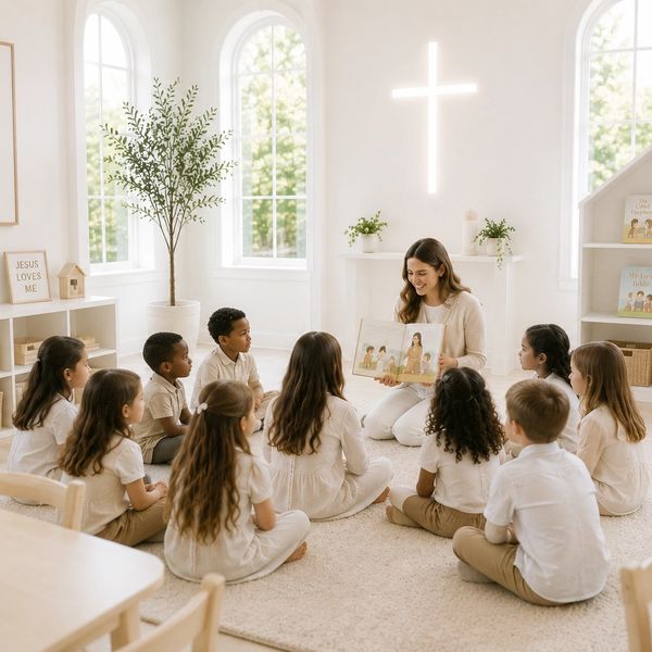 Teacher reading Bible stories to children in a bright classroom with a glowing cross.