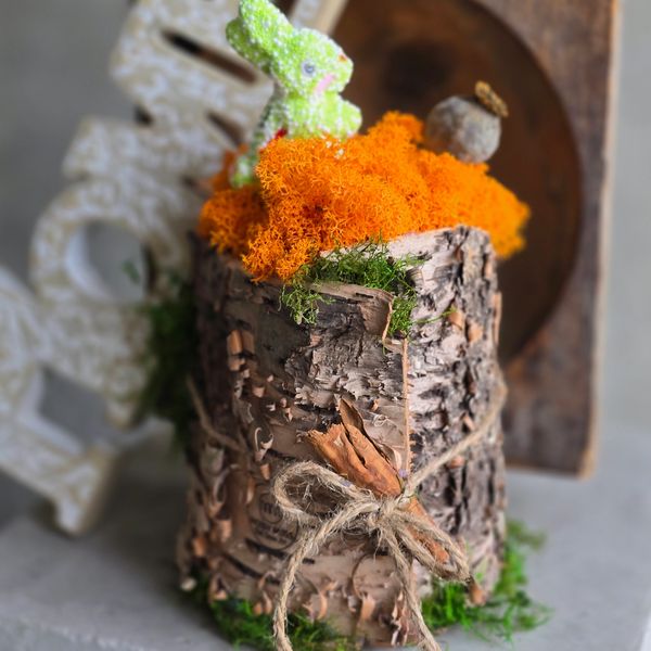 Birch bark vase filled with bright orange and green preserved moss
