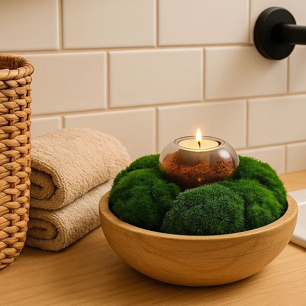 A wooden bowl filled with green preserved moss features a glass candle holder with a lit candle.