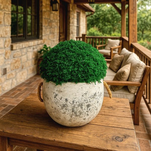 A round,  stone planter filled with moss sits on a rustic wooden table