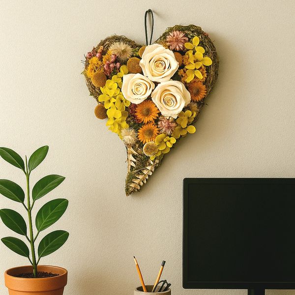 A heart-shaped wall decoration made of preserved moss and flowers in shades of cream, yellow, orange
