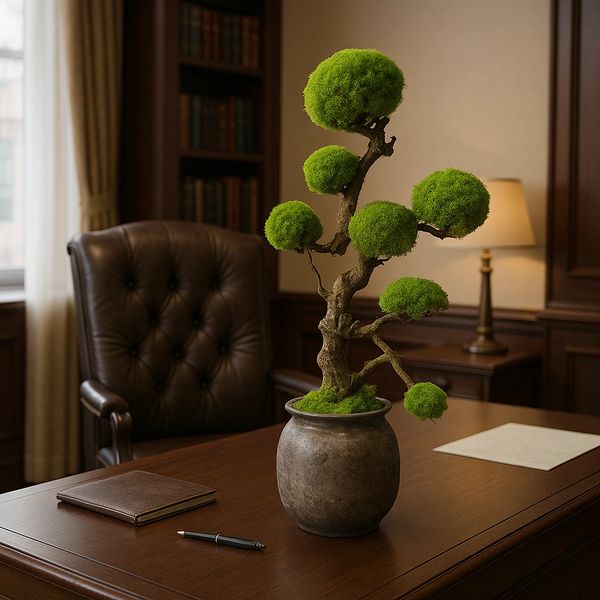 A stylized bonsai tree made of preserved moss in a dark gray pot sits on a polished wooden desk.