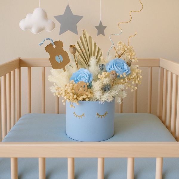 New born bouquet for boy with preserved plants and flowers cyprus