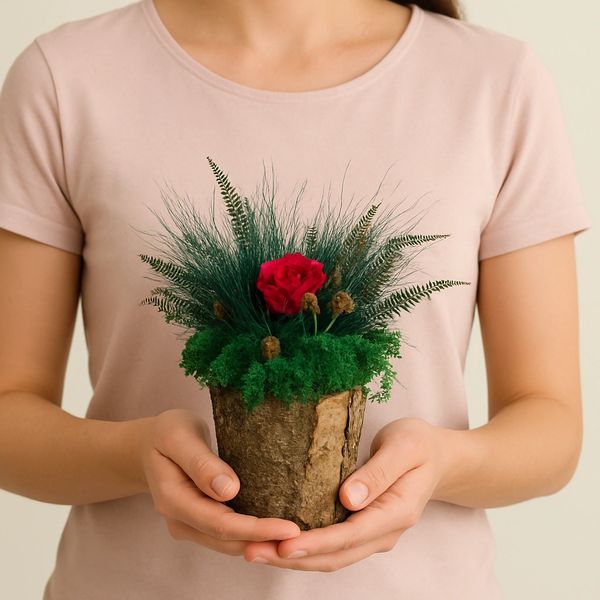 Small, rustic wooden pot containing a preserved green moss, plants and a single deep red rose.