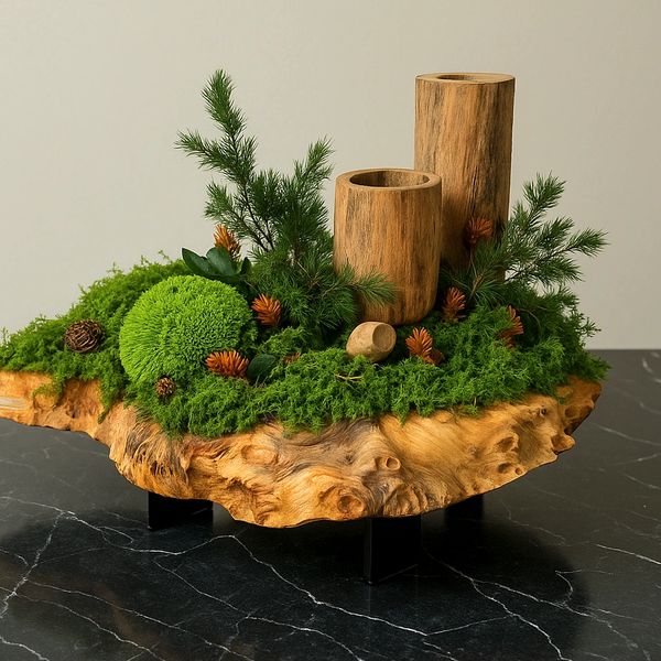Handmade Candle holder decor with moss and plants and mapper burl wood