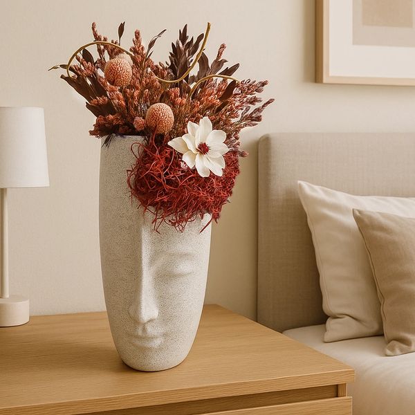 Preserved Bouquet in White stone texture face vase with natural plants and flowers