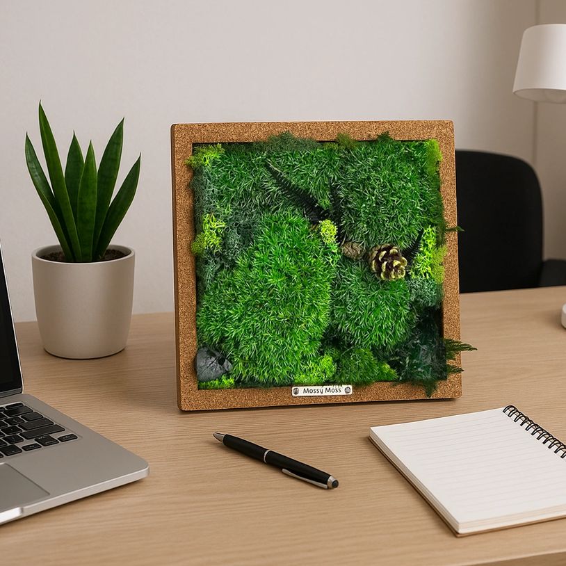 Small square frame moss art piece. The frame itself has a textured, rustic, coppery-brown finish.