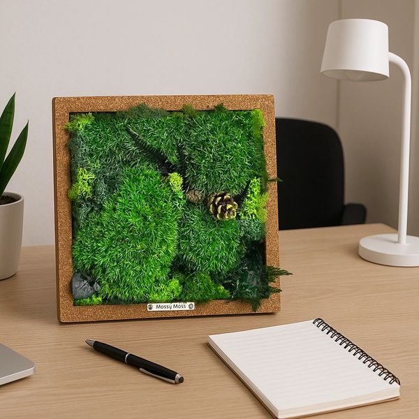 Small square frame moss art piece. The frame itself has a textured, rustic, coppery-brown finish.