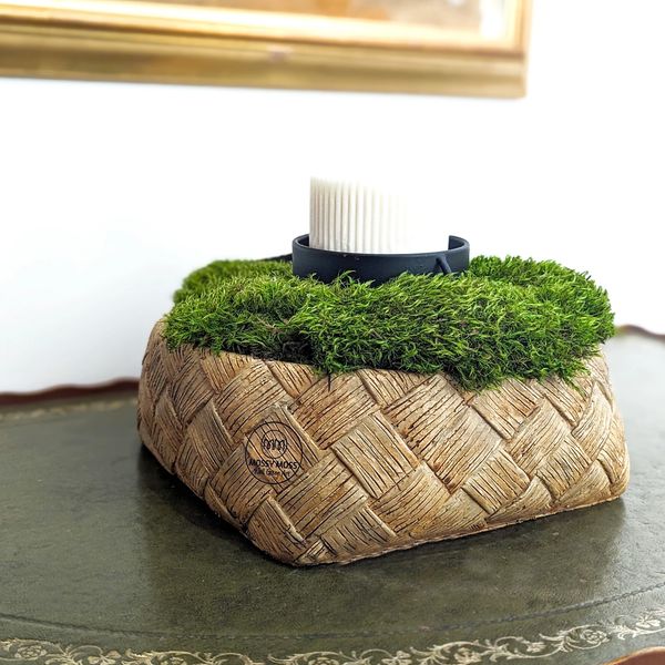 Square planter with a textured, holds a green cushion of moss and Black candle holder.
