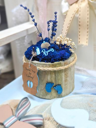 Everlasting Christening table decoration for a boy with preserved moss zero maintenance. Moss Cyprus