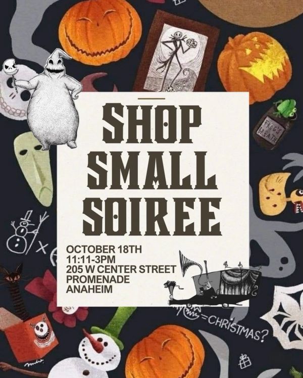 Halloween-themed Shop Small Soiree poster with event details.