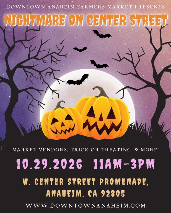 Halloween event flyer with pumpkins, bats, and spooky trees.