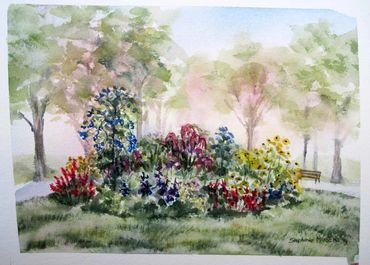 Garden path with Bench, watercolor Warsaw Poland
