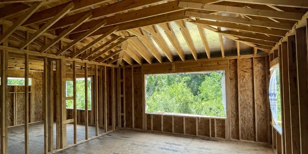 Interior framing of a house under construction.