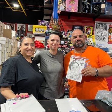 comic artist, portrait artist Jessica Archer Artworks with Superman blank sketch cover
