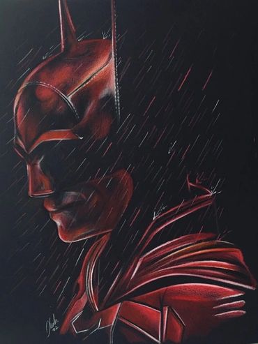 original pencil drawing of superhero batman by comic artist, portrait artist Jessica archer artworks