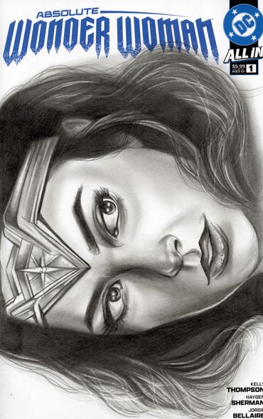 Pencil drawing of comic book superhero Wonder Woman drawn on blank sketch cover