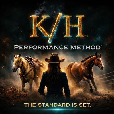 A person in a cowboy hat faces two horses with the text 'K/H Performance Method' and 'The Standard is Set.'