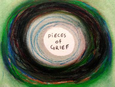 words Pieces of Grief encircled in green/black whirlpool
