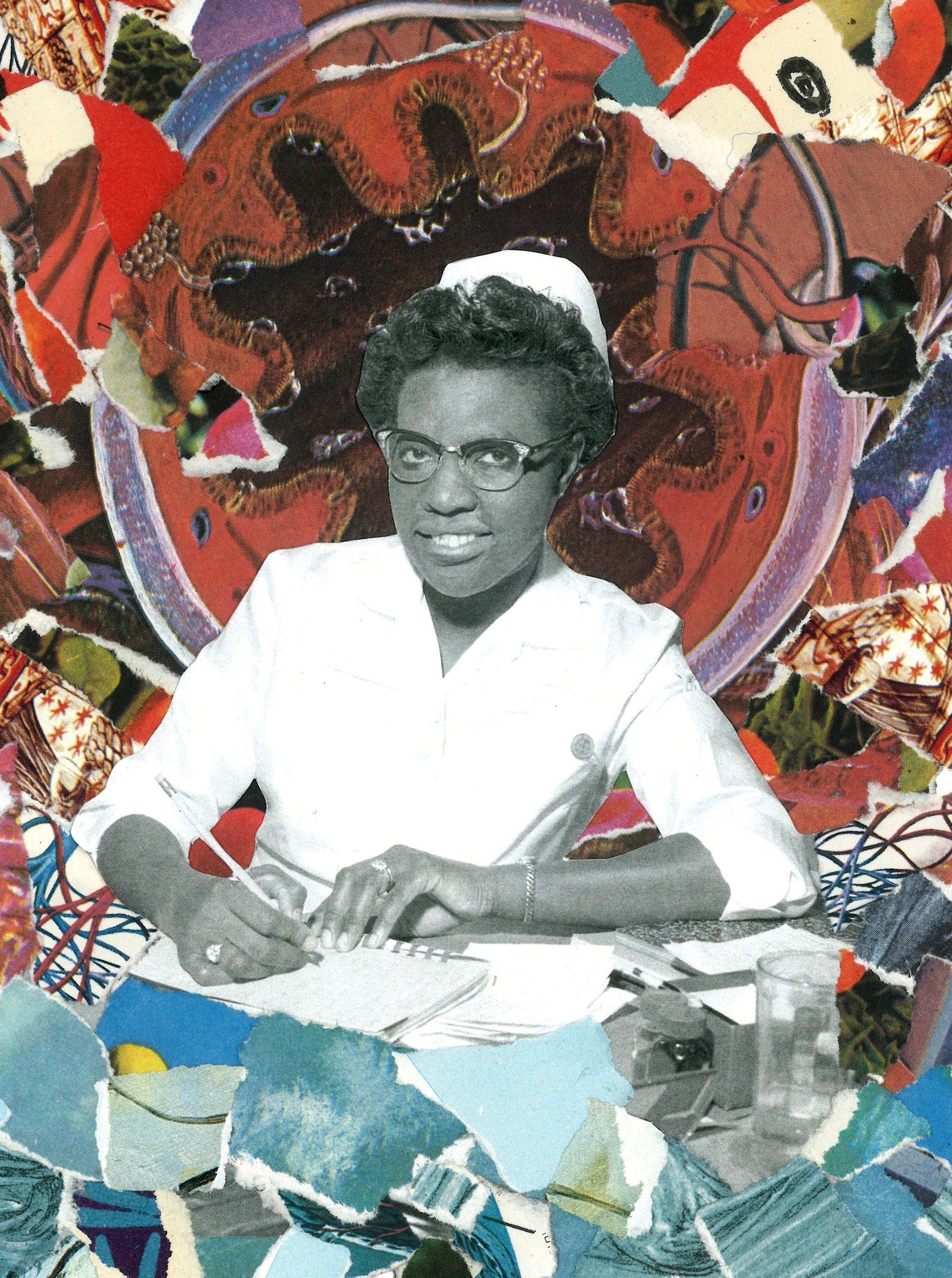 Black nurse from mid-twentieth century sits at desk, cells/collage behind her