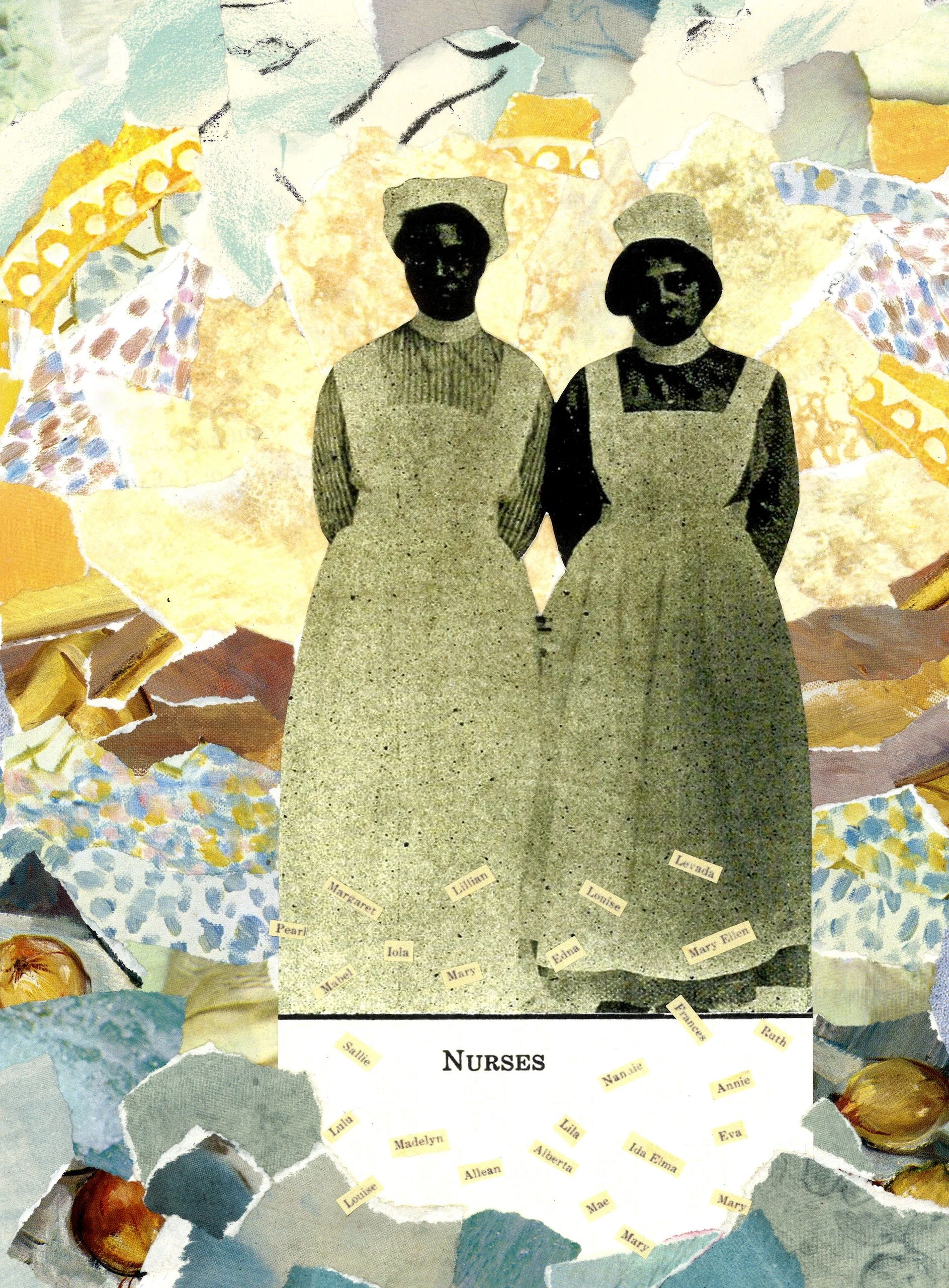 old photo of two Black nurses, their names below, collage in background