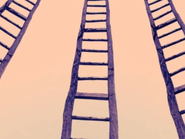 Illustration of three purple ladders ascending towards sky on peach background