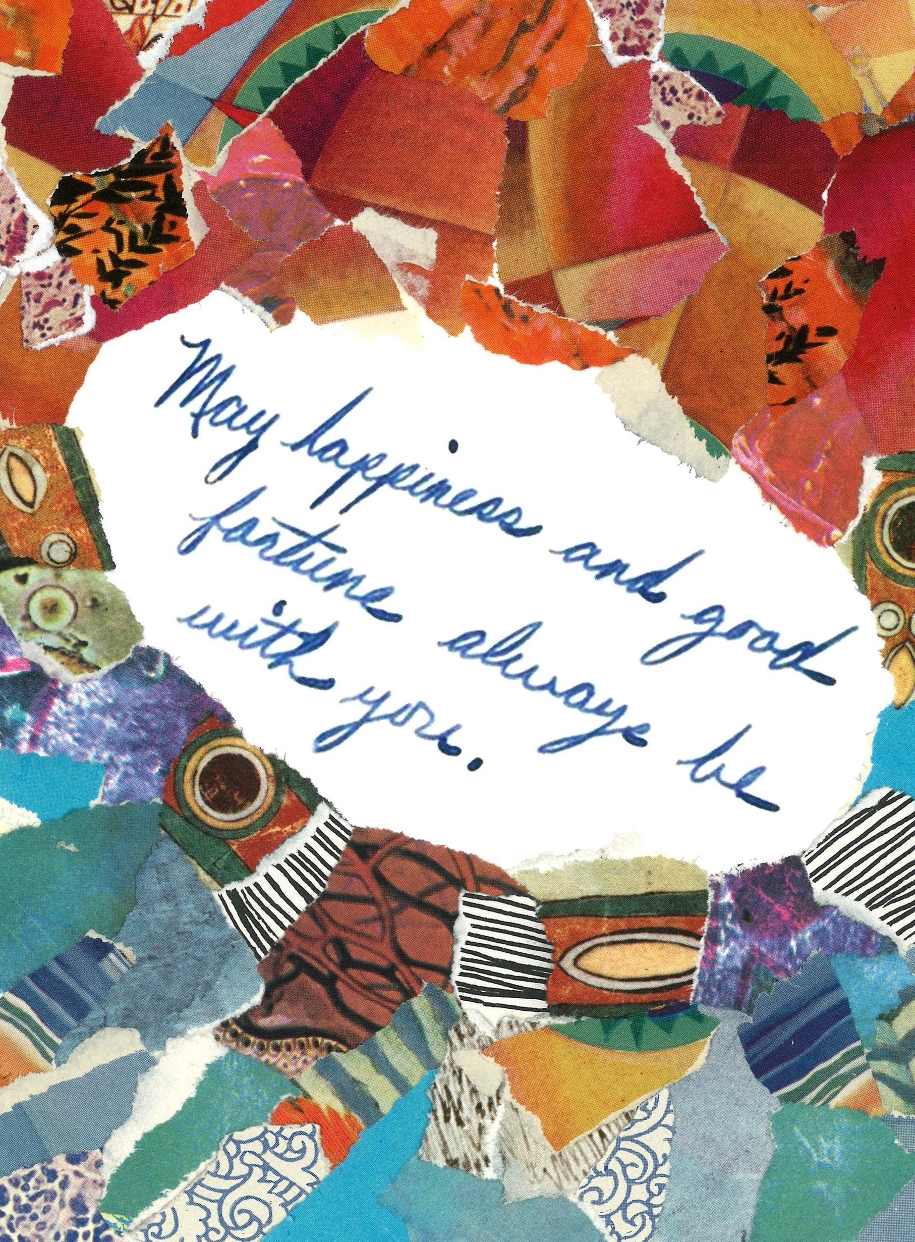 Handwritten yearbook inscription: "May happiness and good fortune always be with you" with collage