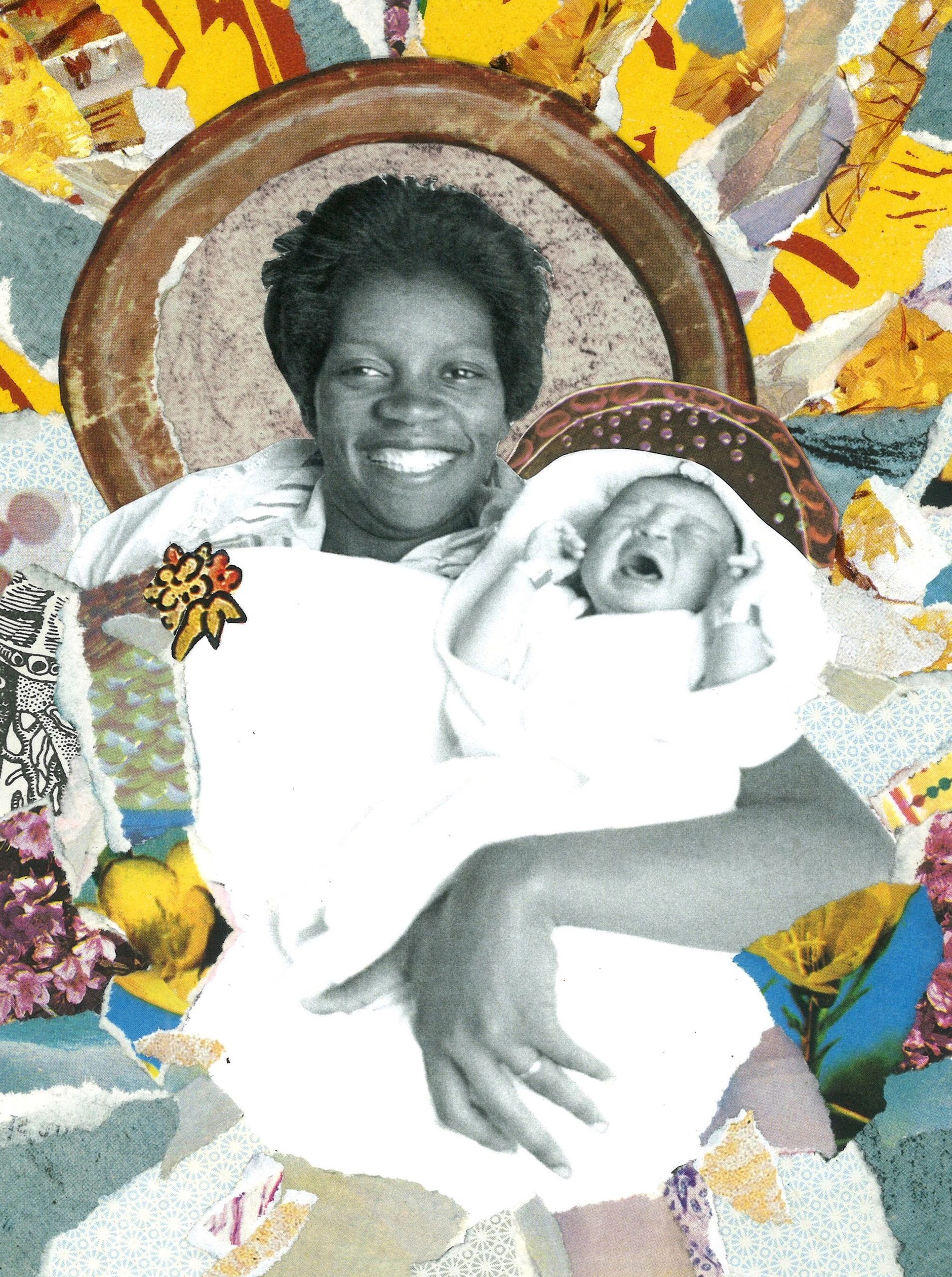 Black woman beams as she holds crying newborn daughter, haloes, yellow and blue collage