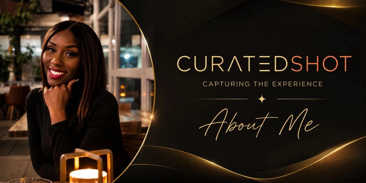Woman smiling beside a logo saying Curated Shot About Me.