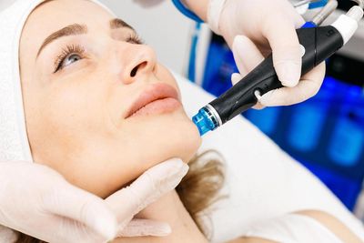 Woman receiving a facial treatment with a modern device in a spa.