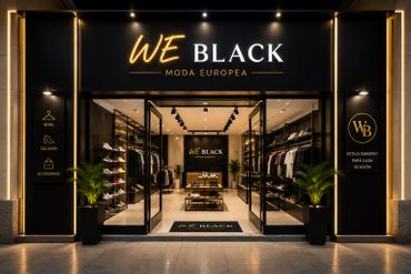 Stylish We Black European fashion store entrance with illuminated signage and modern interior.