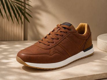 Stylish brown leather sneaker with white sole on a beige surface.