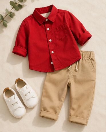 Children's outfit with red shirt, beige pants, and white shoes.