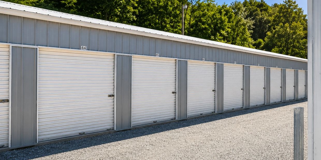 Modern self-storage facility with clean, secure storage unit doors under a bright sunny sky in Huntington, West Virginia.